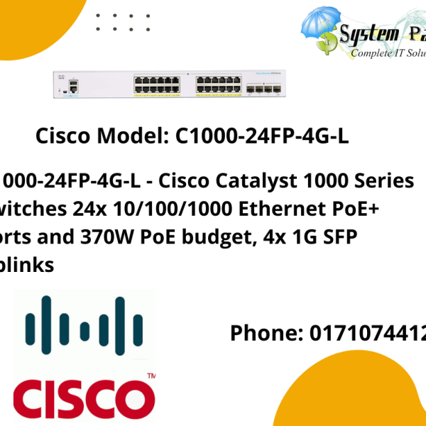 C1000-24FP-4G-Cisco C1000-24FP-4G-L - Cisco Catalyst 1000 Series Switches  24x 10/100/1000 Ethernet PoE+ ports and 370W PoE budget, 4x 1G SFP uplinks